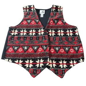 Vintage JK America Fair Isle Vest Fuzzy Knit Red Black Geometric Button Sz 14/16